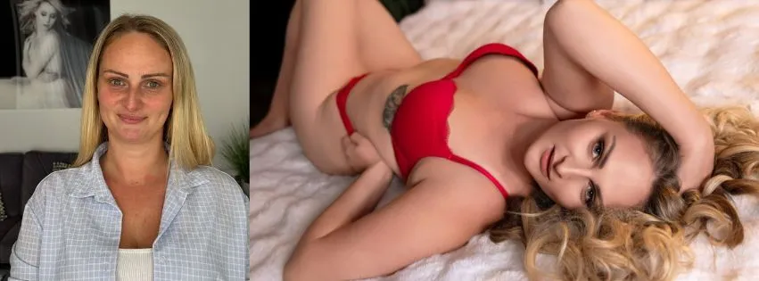 Lady in red Lingerie on white ebd during her confidence boosting boudoir phoot shoot