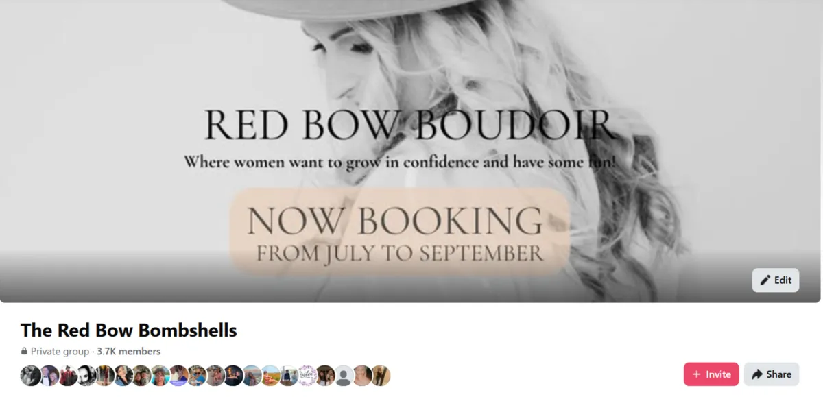 Screen Shot of Red bow Boudoir Photography facbeook vip group